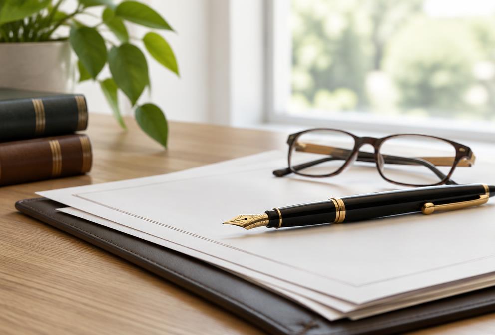 A fountain pen and glasses beside estate planning papers