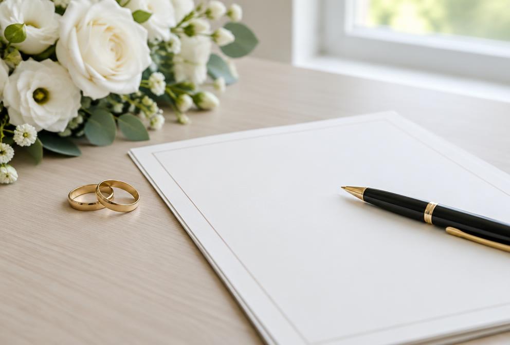 Wedding rings beside an agreement and pen